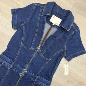 Pilcro Anthropologie Slim Flared Denim Jumpsuit Womens 14 Blue Zip Front NWT